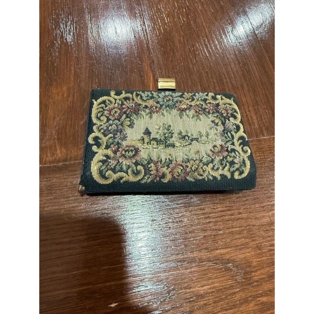 Vintage Petit Point Tapestry Vanity Case Floral Scenic Compact Purse Pink Inside